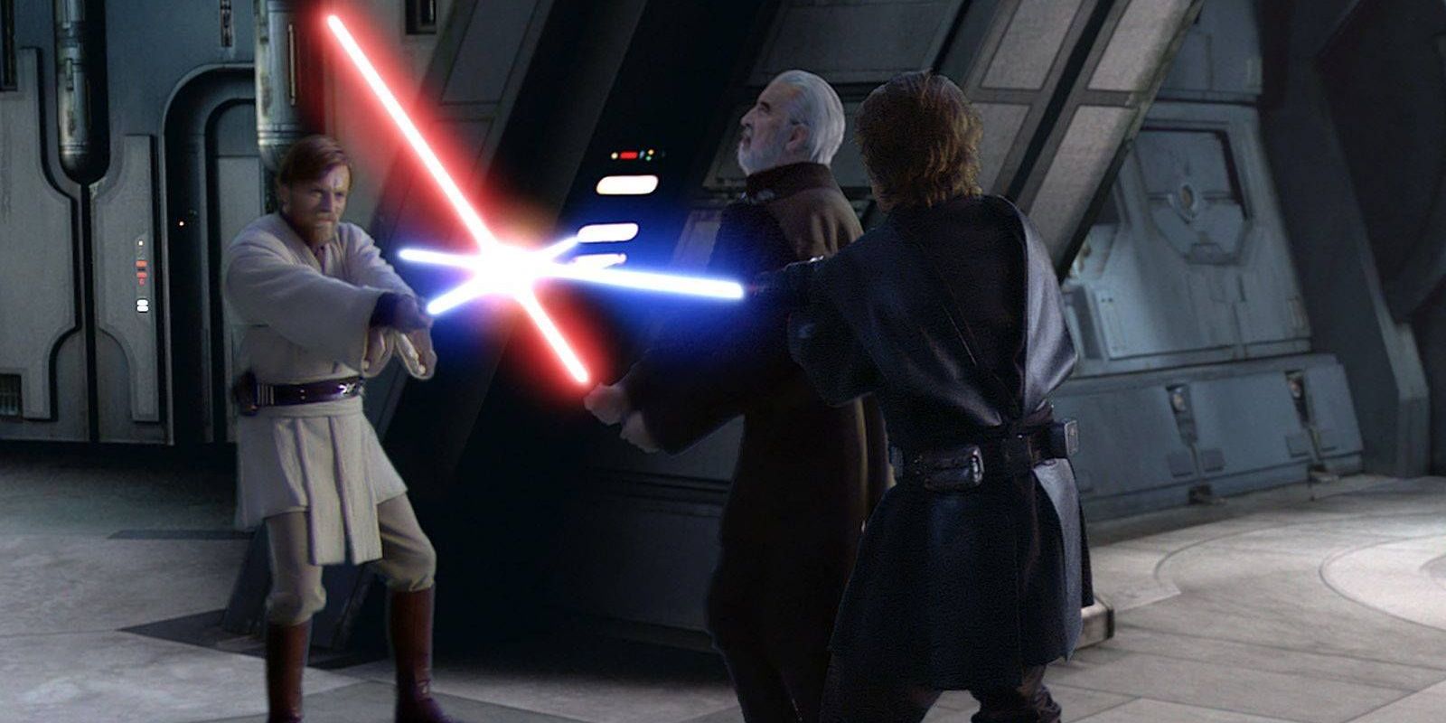 Obi-Wan Kenobi and Anakin Skywalker face off against Count Dooku in Star Wars Revenge Of The Sith