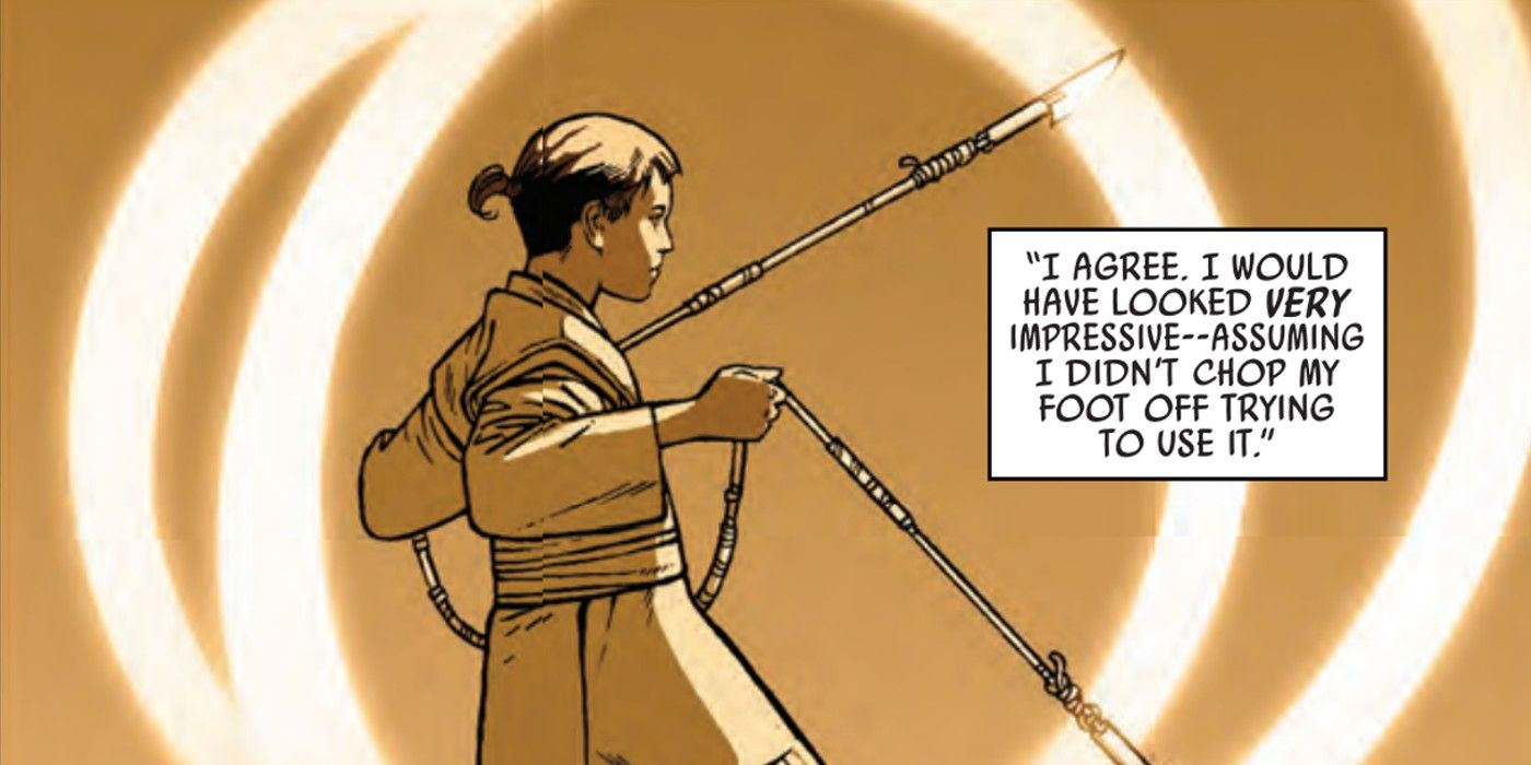 Padawan Obi-Wan wielding lightsaber nunchucks