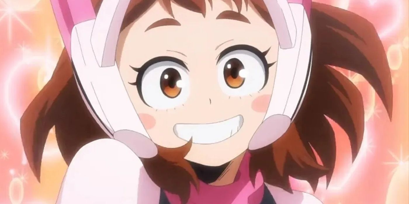 Ochaco from My Hero Academia with a big smile on her face.