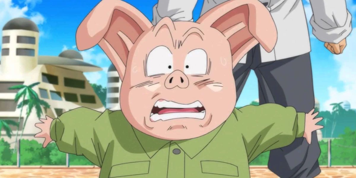 Pig character Oolong looking shocked in Dragon Ball Super.