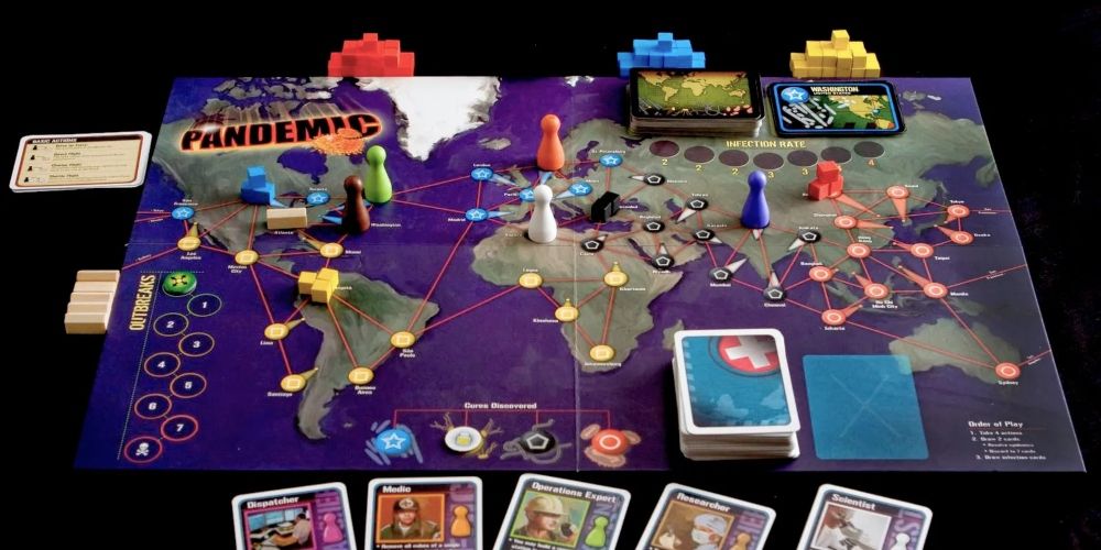 An in-progess round of Pandemic board game.
