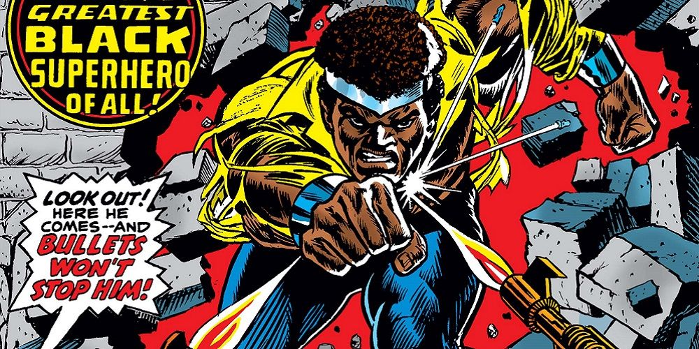 Luke Cage breaking through a wall in his first appearance in Marvel Comics
