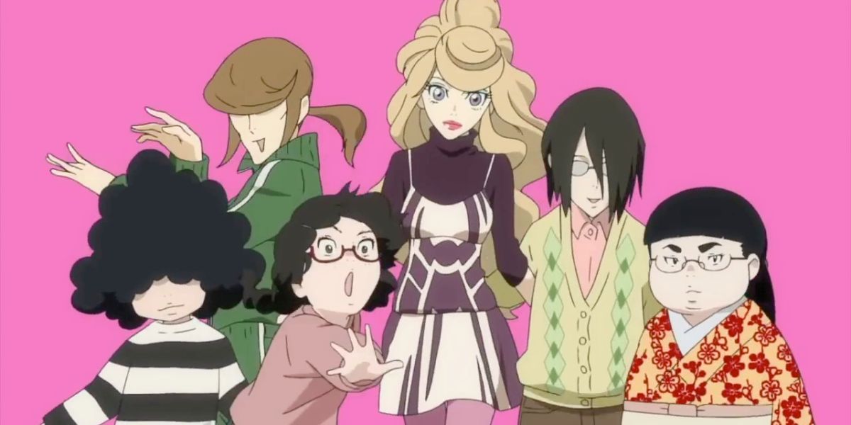 Image features a visual from Princess Jellyfish: (From left to right) Banba (black afro and striped shirt), Mayaya (brown hair with green jersey), Tsukimi Kurashita (long, black braids and glasses), Kuranosuke Koibuchi (long, blond hair and white and purple dress), Jiji (short, black hair, glasses, and green sweater vest), and Chieko (long, black hair in a ponytail, glasses, and red kimono)