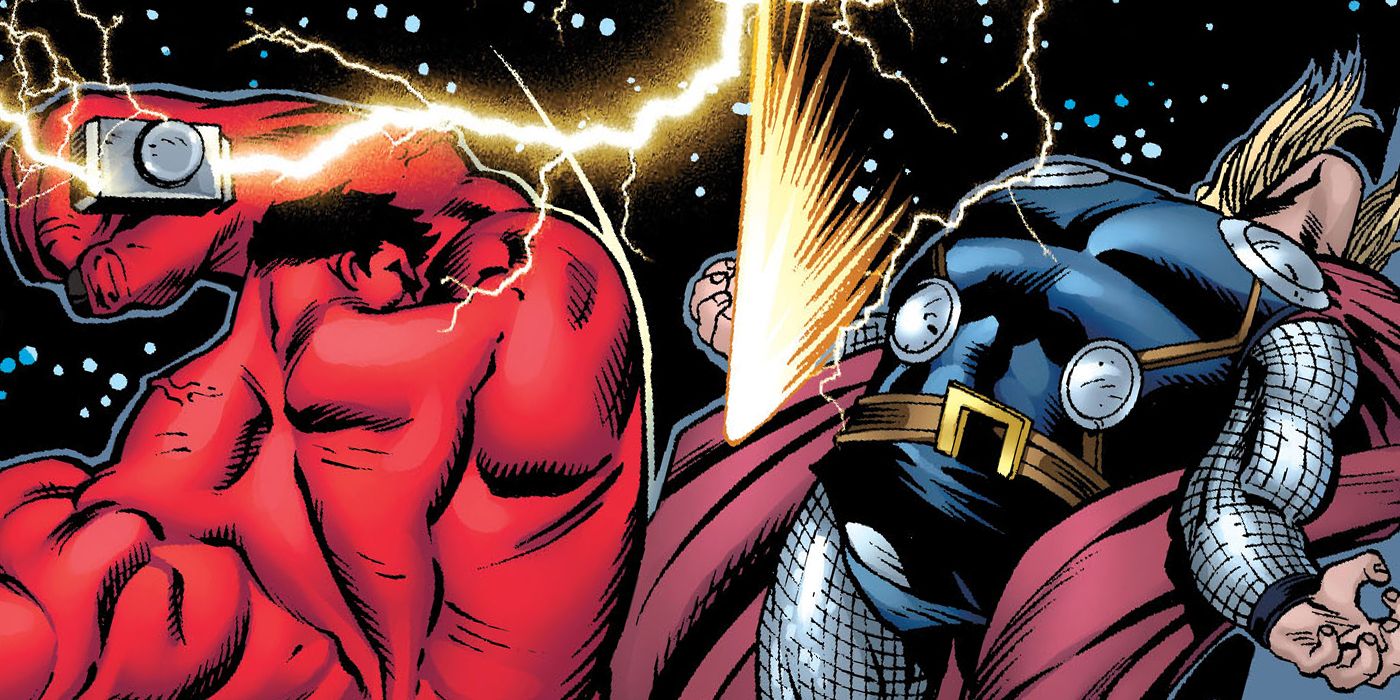 Red Hulk hitting Thor in space with Mjolnir