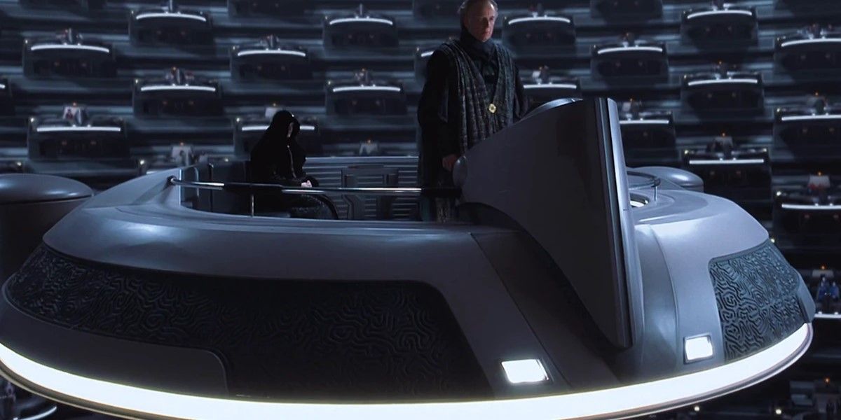 Senator Palpatine at a Senate meeting standing in a repulsorpod