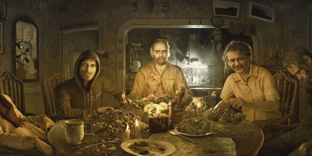 Ethan Winters en una cena con la familia Baker en Resident Evil 7: Biohazard.