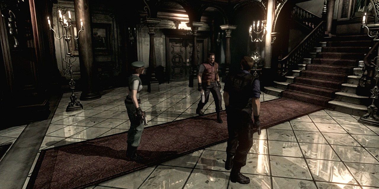 Jill Valentine, Barry Burton, and Albert Wesker at the entrance of the Spencer Mansion in Resident Evil HD.