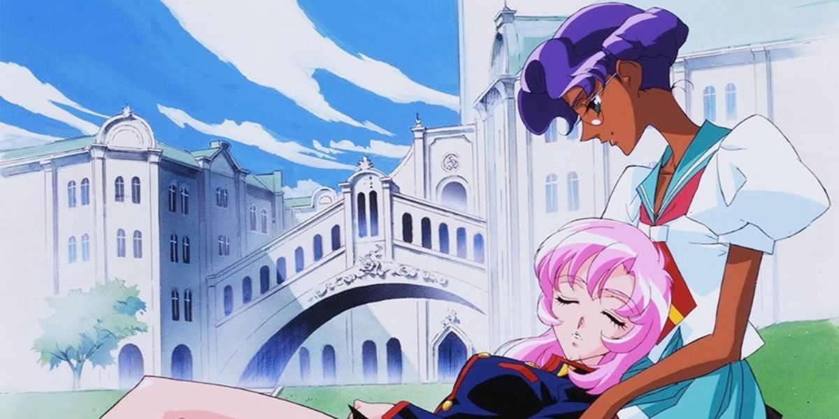 Image features a visual from Revolutionary Girl Utena: (From left to right) Utena Tenjo is sleeping on Anthy Himemiya's lap.