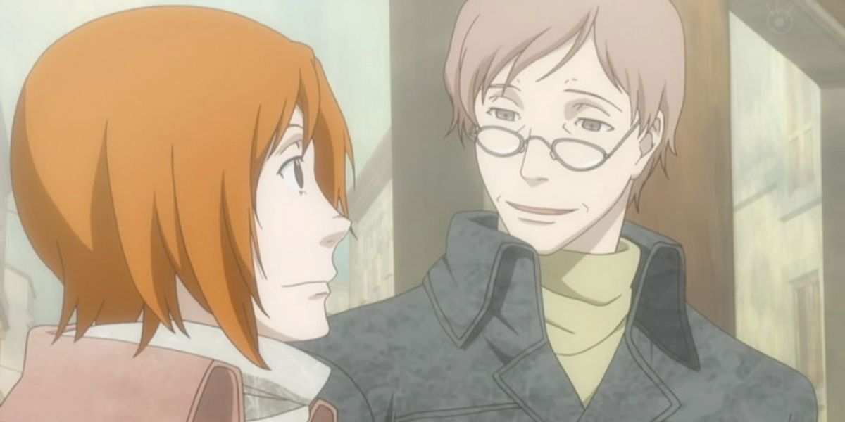 Image features a visual from Ristorante Paradiso: (From left to right) Nicoletta (shoulder-length, orange hair and pink coat) is talking with Santo Claudio Paradiso (short, brown hair and glasses).