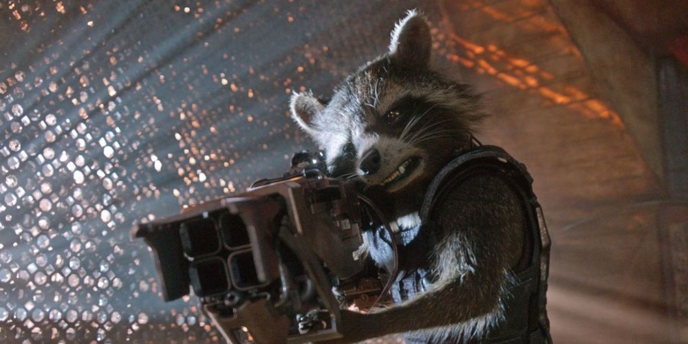 Rocket Raccoon pointing a gun Guardians of the Galaxy movie