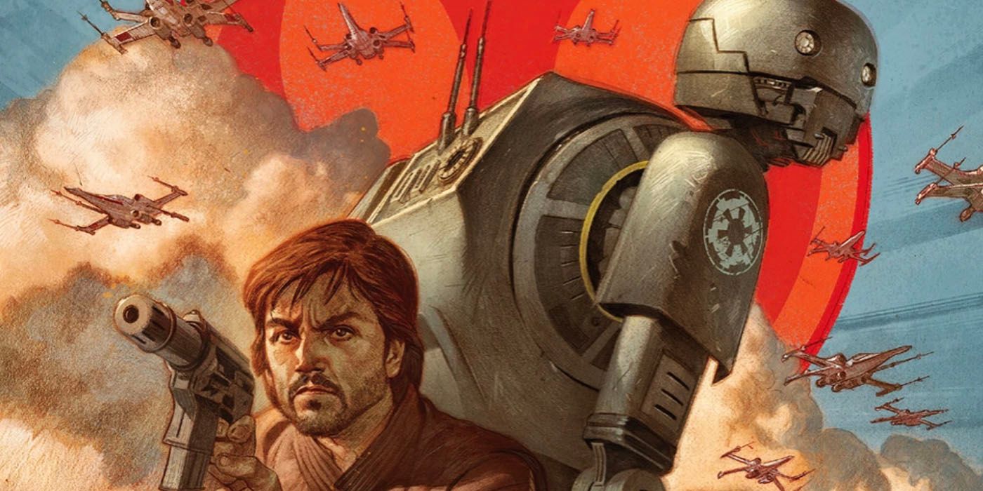 Andor Cassian and K2-SO droid in comic book are side by side with x-wings in the background