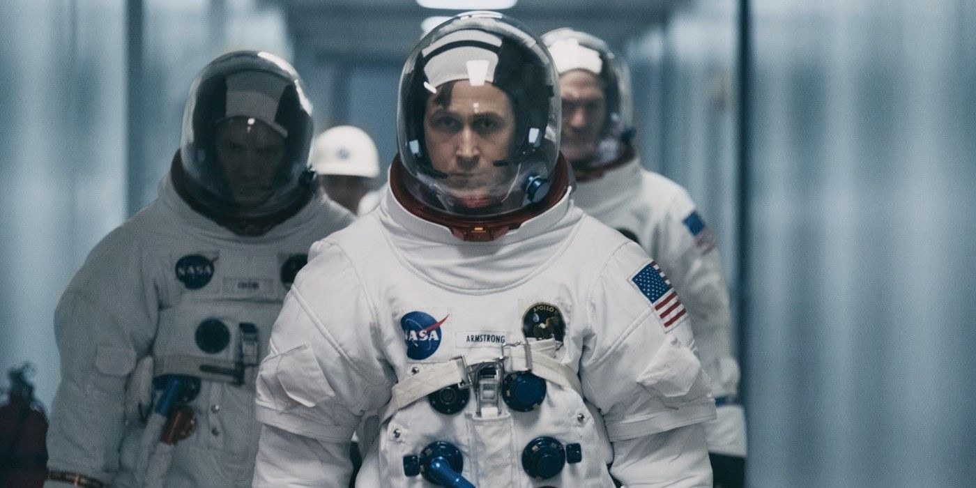 Wearing astronaut gear, Ryan Gosling plays Neil Armstrong in First Man