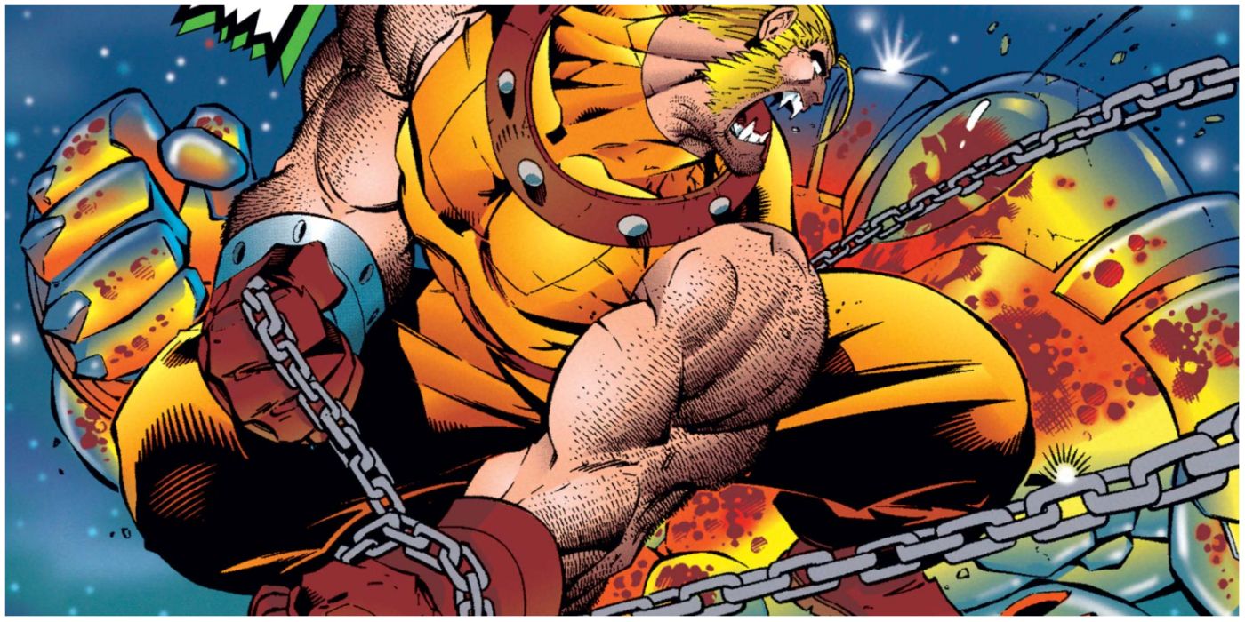 Sabretooth crouching on top of Nemesis in Marvel Comics