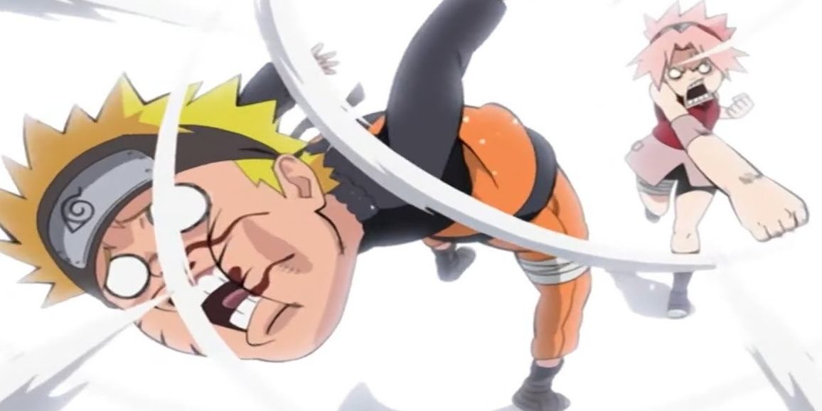 Sakura punching Naruto in Naruto Shippuden