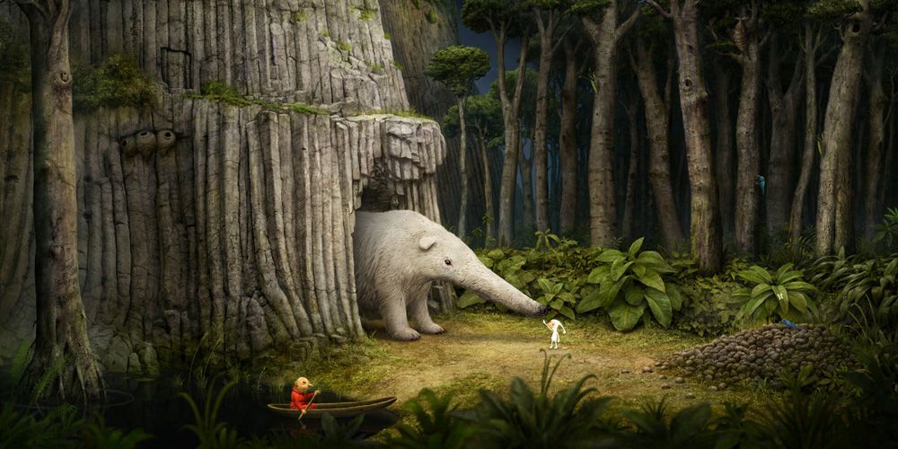 An anteater and a gnome in the woods in Samorost 3