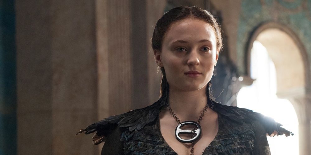 Sansa Stark in her black dress in the Vale of Arryn in Game of Thrones.
