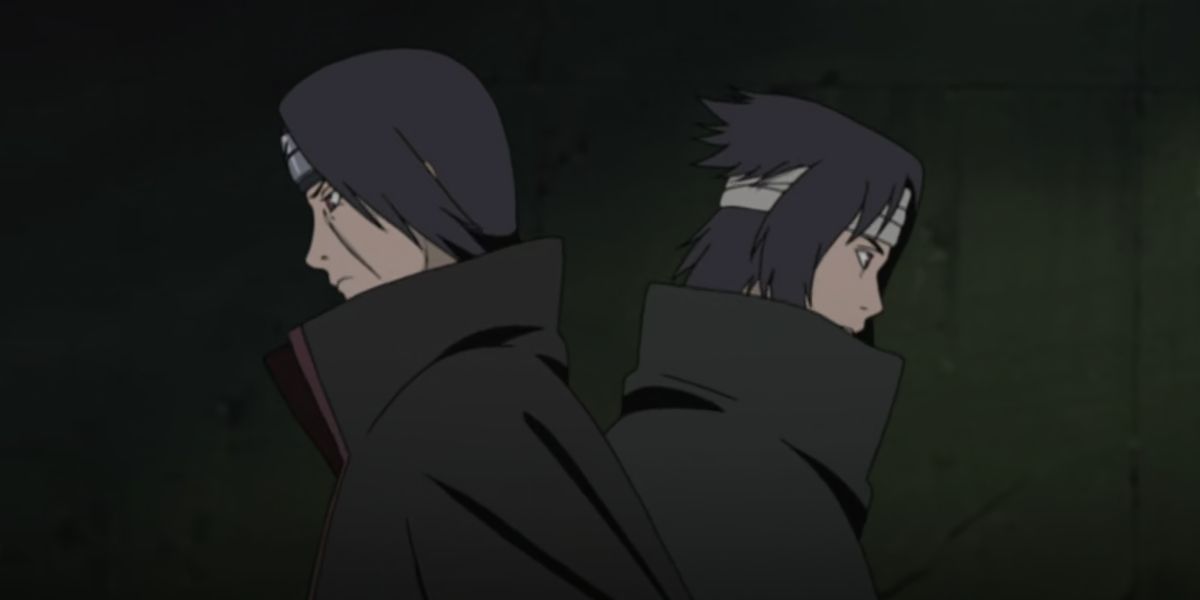 Sasuke and Itachi standing next to each other in Naruto.