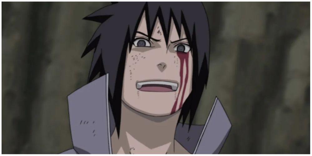 Sasuke laughing with a bloody eye threatening Kakashi Naruto Shippuden