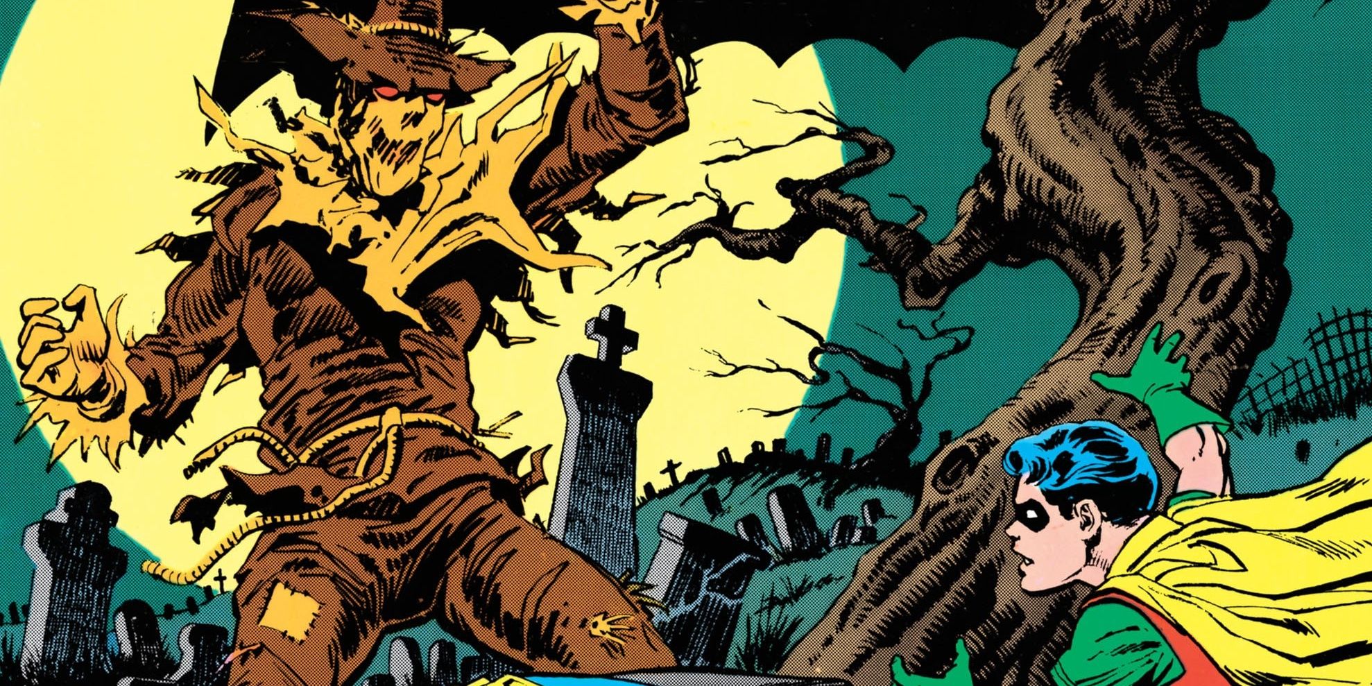 DC Comics' Scarecrow and Robin face off in a cemetary at night.