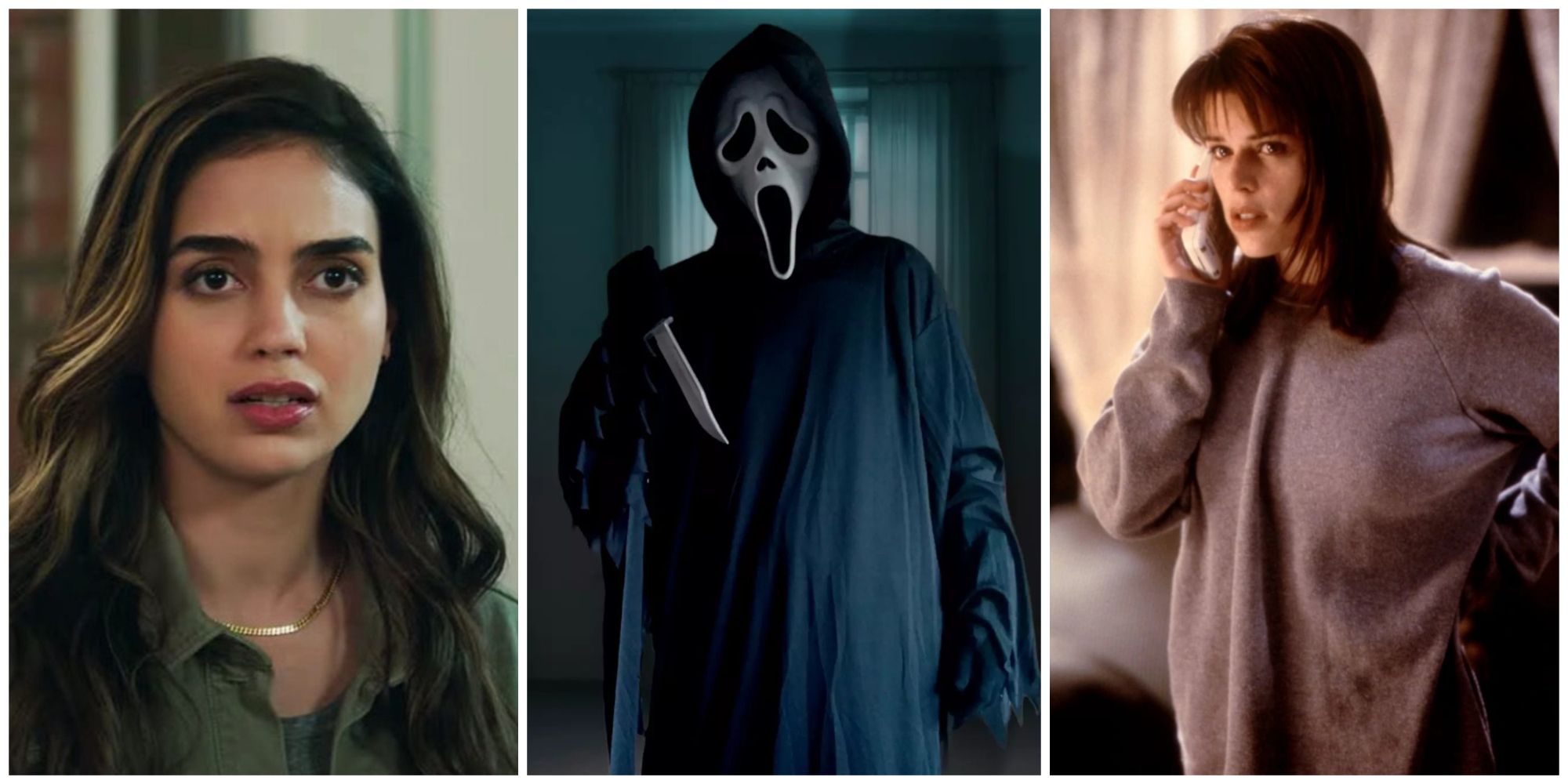 A collage featuring Scream characters Sam Carpenter, Sidney Prescott, and Ghostface