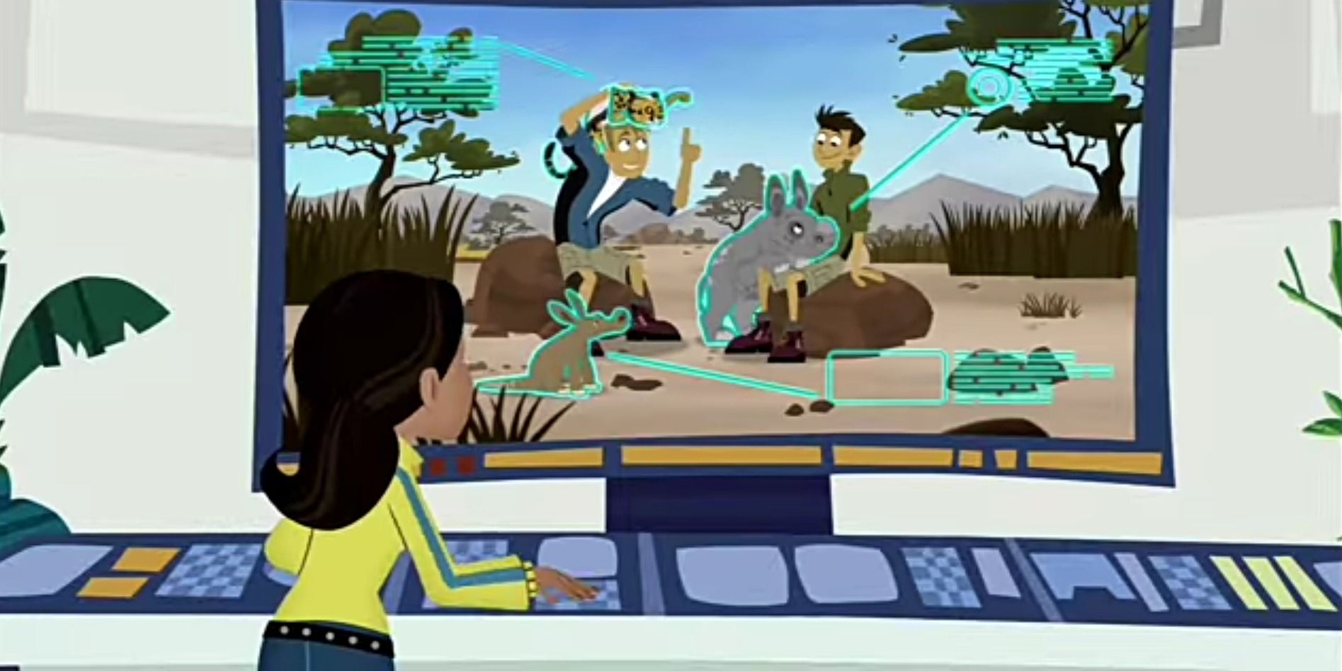 Screenshot from Wild Kratts Intro where Aviva is observing Chris and Kyle from the lab. 