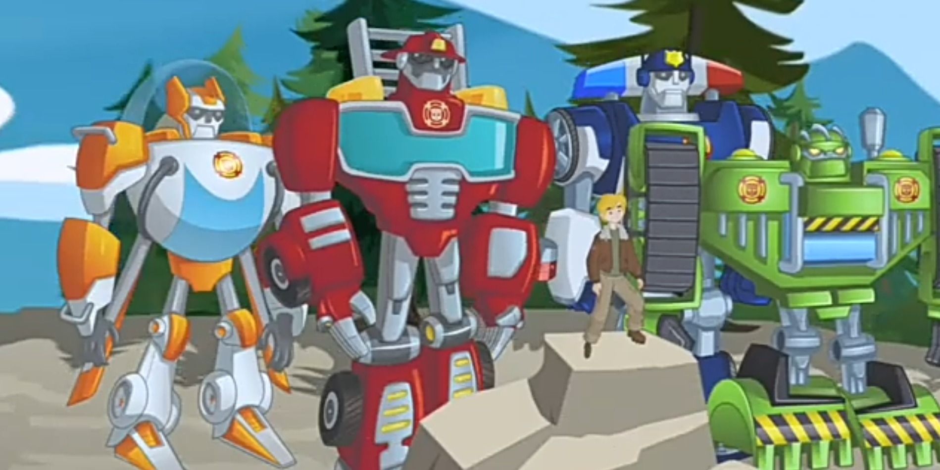 Screenshot from Transformers: Rescue Bots intro of Blades, Heatwave, Cody, Chase, and Boulder.