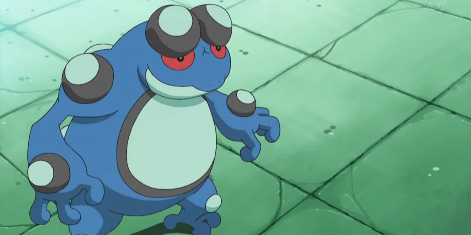 Seismitoad como aparece en el anime Pokémon.