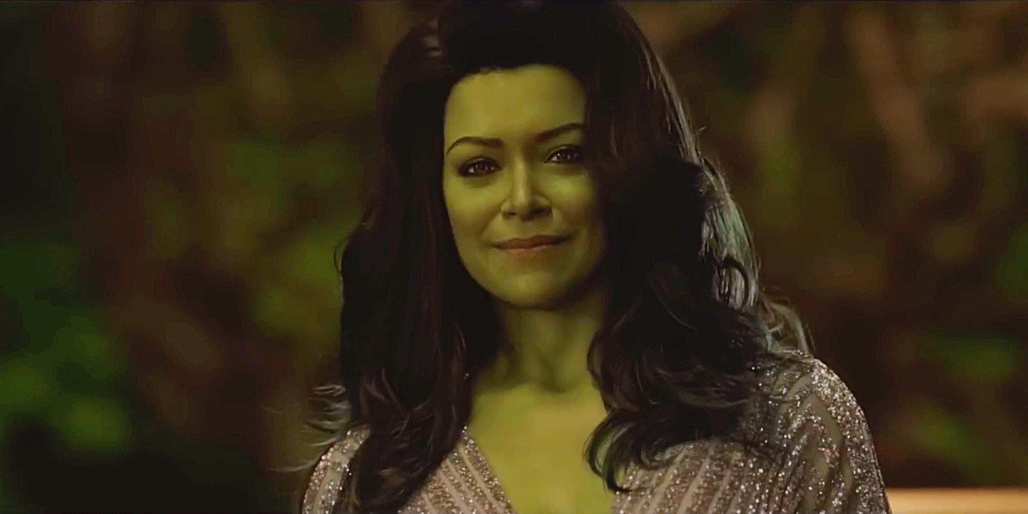 Tatiana Maslany's Jennifer Walters in Hulk form wearing a silver dress in She-Hulk: Attorney at Law.