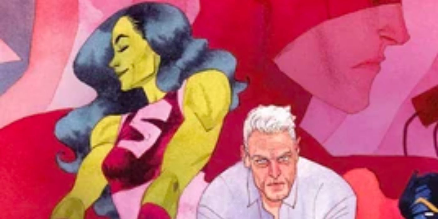 She-Hulk comics art depicts She-Hulk and a retired Captain America, with Daredevil in the background
