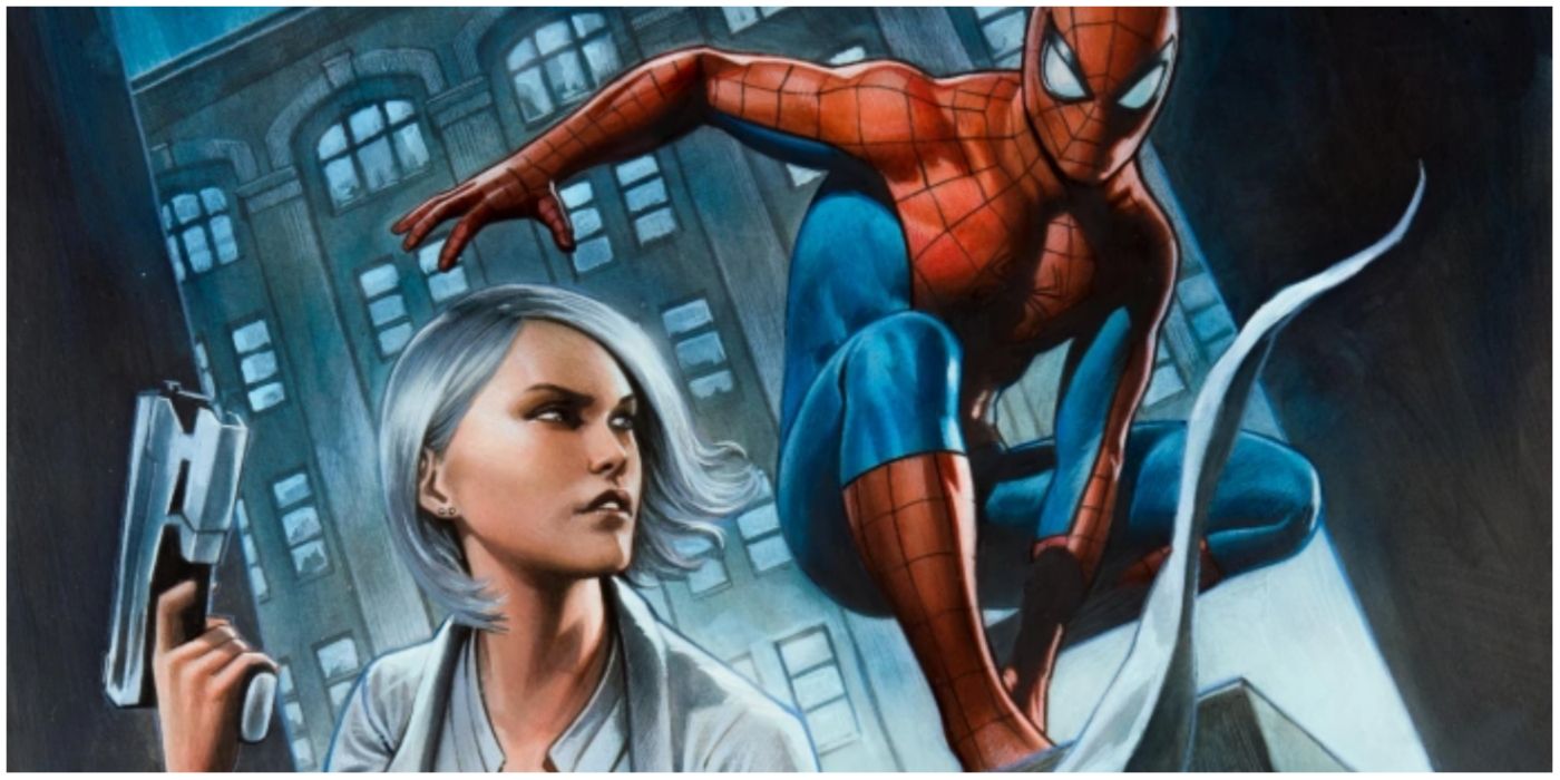 Silver Sable with Spiderman sitting over her shoulder in Marvel comics