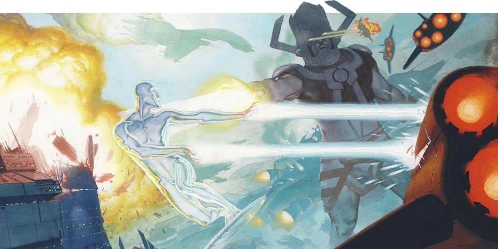 The Silver Surfer, fighting Galactus and a spaceship in Marvel Comics