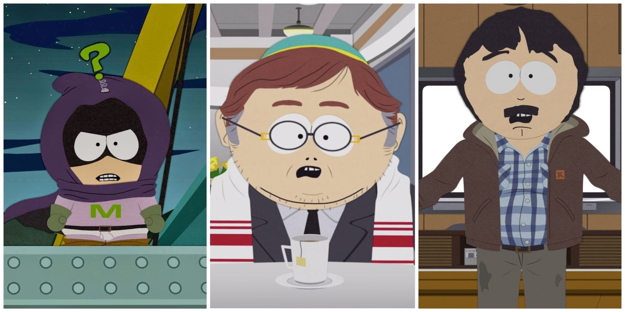 A collage image featuring South Park characters Mysterion (Kenny), grown-up Eric Cartman, and Randy Marsh