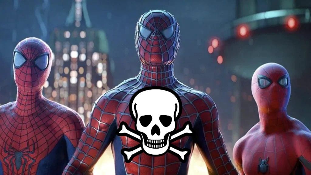 The three Spideys from Spider-Man: No Way Home, with a skull and crossbones overlaid.