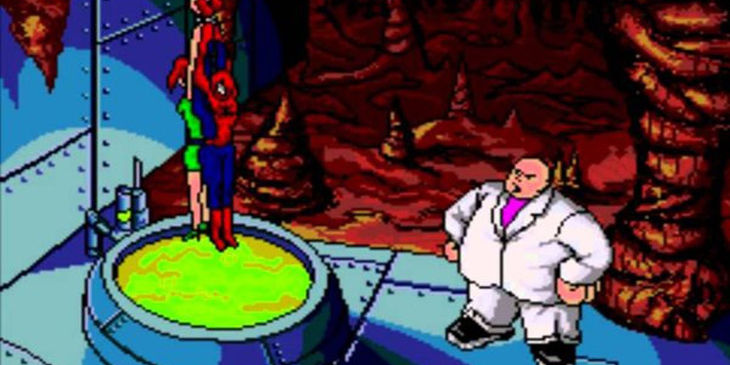 The Kingpin lowers Spider-Man and Mary Jane into an acid bath.