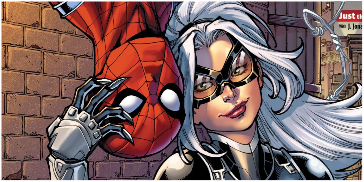 Spider-Man hanging upside down next to Black Cat in Marvel comics