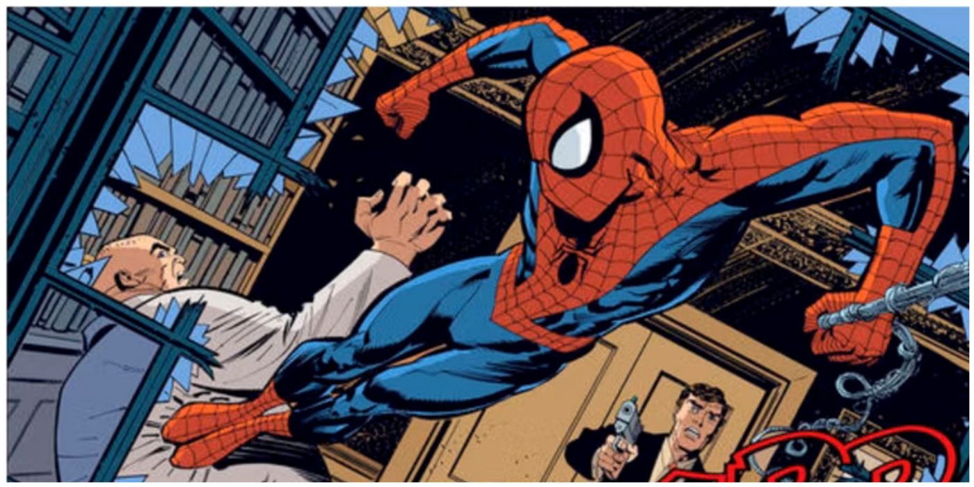 Spider-Man kicking Kingping through a window in Marvel comics