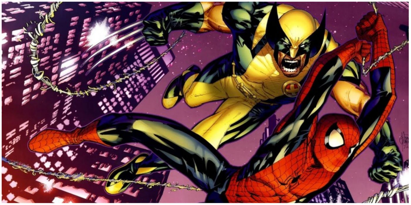 Spider-Man swinging with Wolverine in Marvel comics
