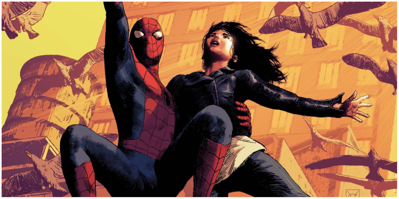 Spider-Man swinging with jessica jones in his left arm in Marvel comics