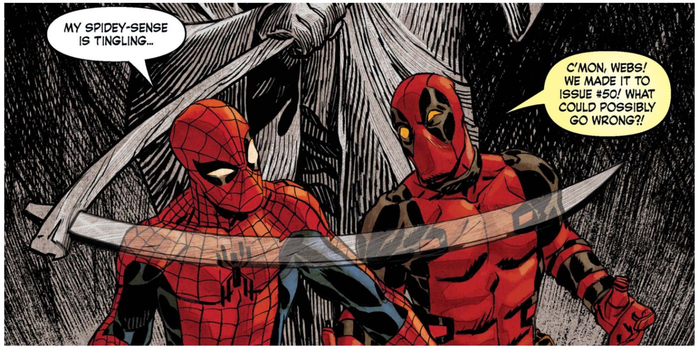 Spider-Man talking to Deadpool with Scythe coming towards them in Marvel comics