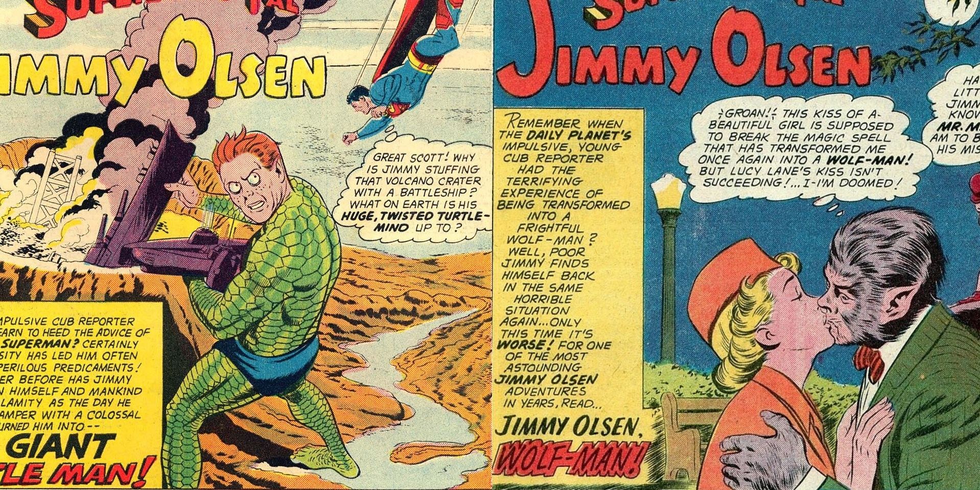 A split image of Giant Turtle Jimmy Olsen fighting Superman and Wolfman Jimmy kissing Lucy Lane in DC Comics