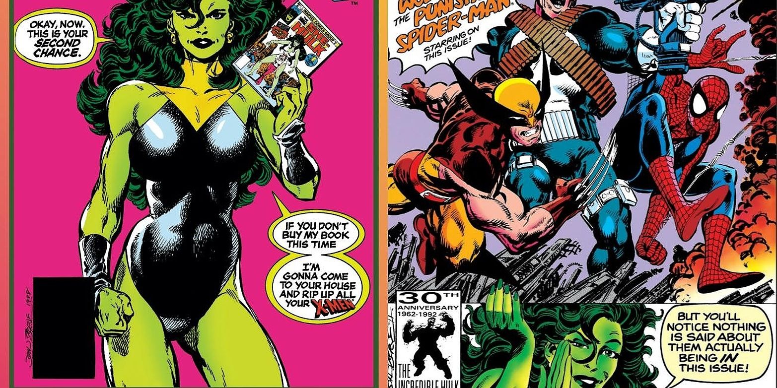 Split Image: She Hulk Breaking The Fourth Wall With Spider-Man, Punisher & Wolverine Cameos