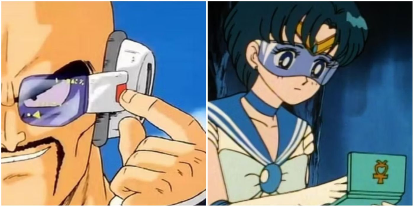 Split image of Dragon Ball scouter and Sailor Mercury's personal computer