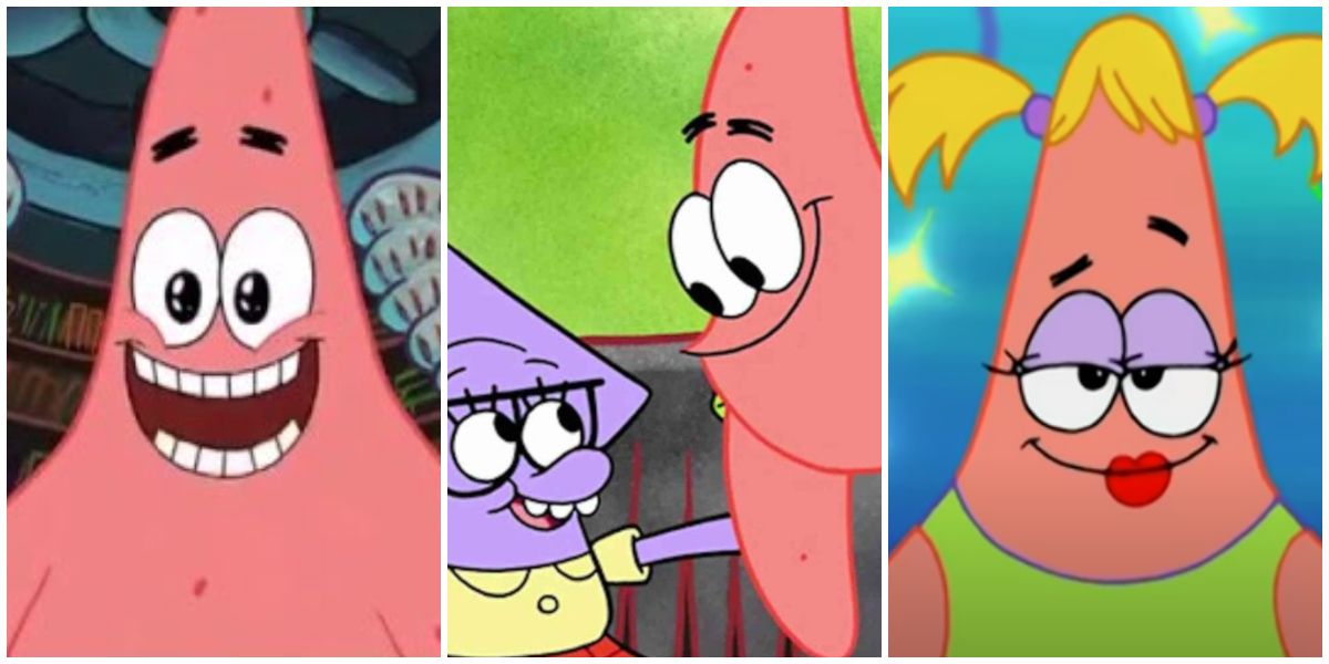 Split Image of Patrick Star from SpongeBob depict Patrick Smiling, talking to a friend, and wearing makeup.