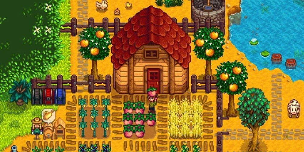 A player in their farm in Stardew Valley game.