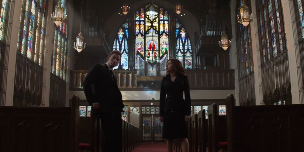 Natasha Romanoff comforts Steve Rogers after Peggy's funeral in Captain America: Civil War