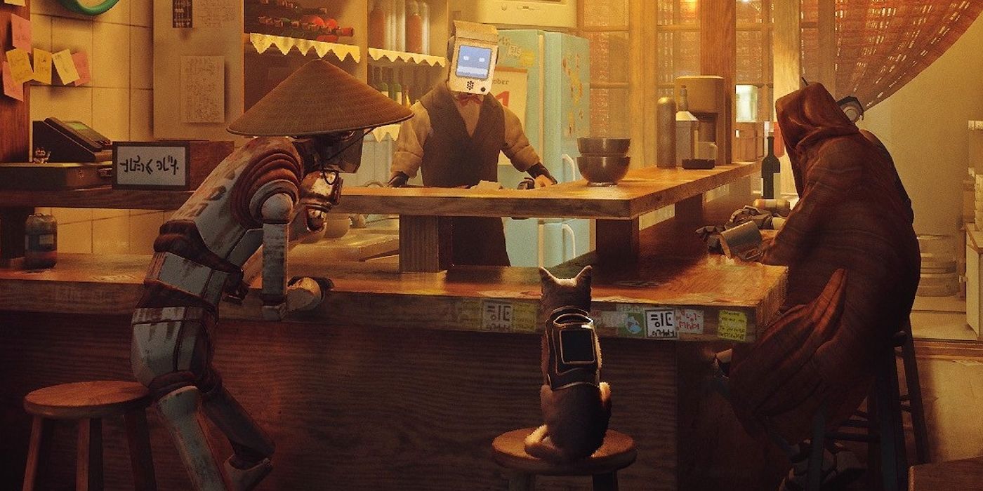 The cat sits at a bar in the Stray video game.