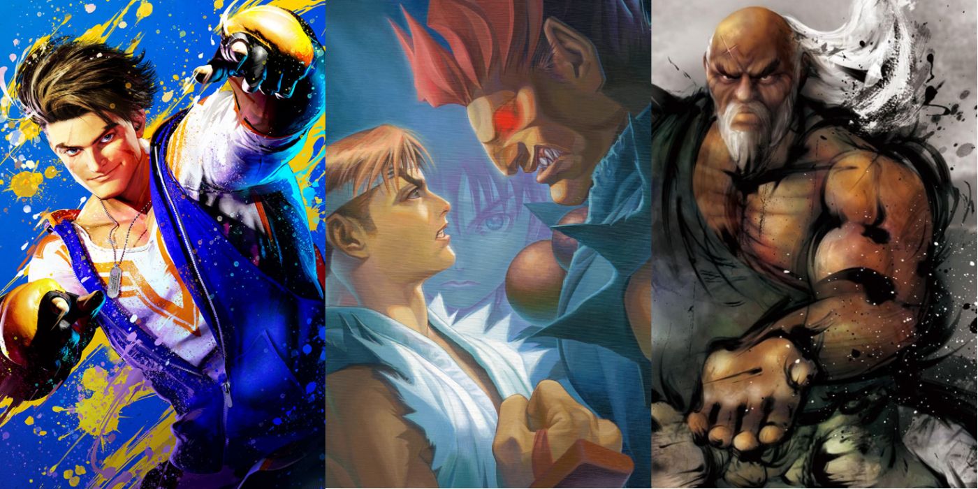 Left: Luke as he appears in Street Fighter VI. Middle: Art for Street Fighter Alpha 2 featuring Ryu, Akuma (Gouki), and Sakura. Right: Gouken as he appears in Street Fighter IV.