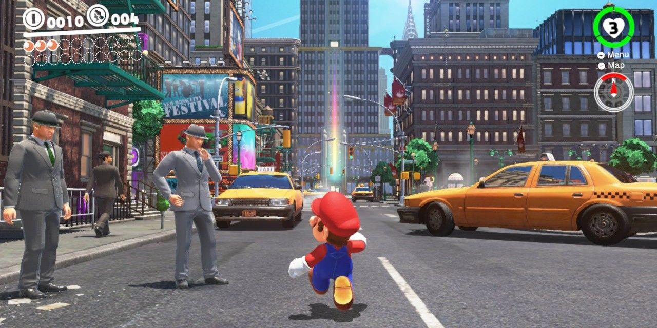 Screenshot depicting Super Mario Odyssey gameplay in one of the urban Kingdoms.