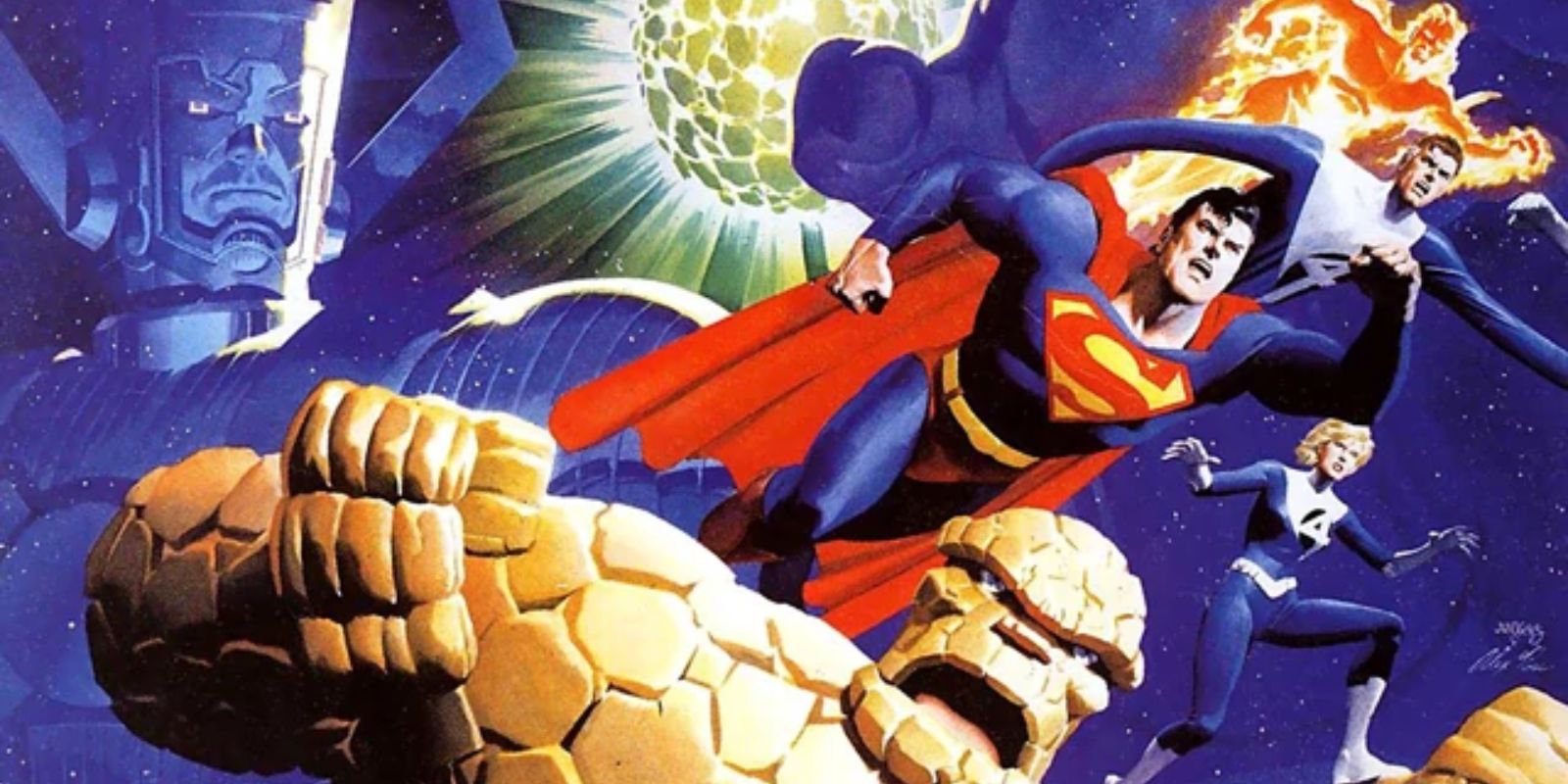The cover for Superman/Fantastic Four depicts the Fantastic Four and Superman heading into battle.
