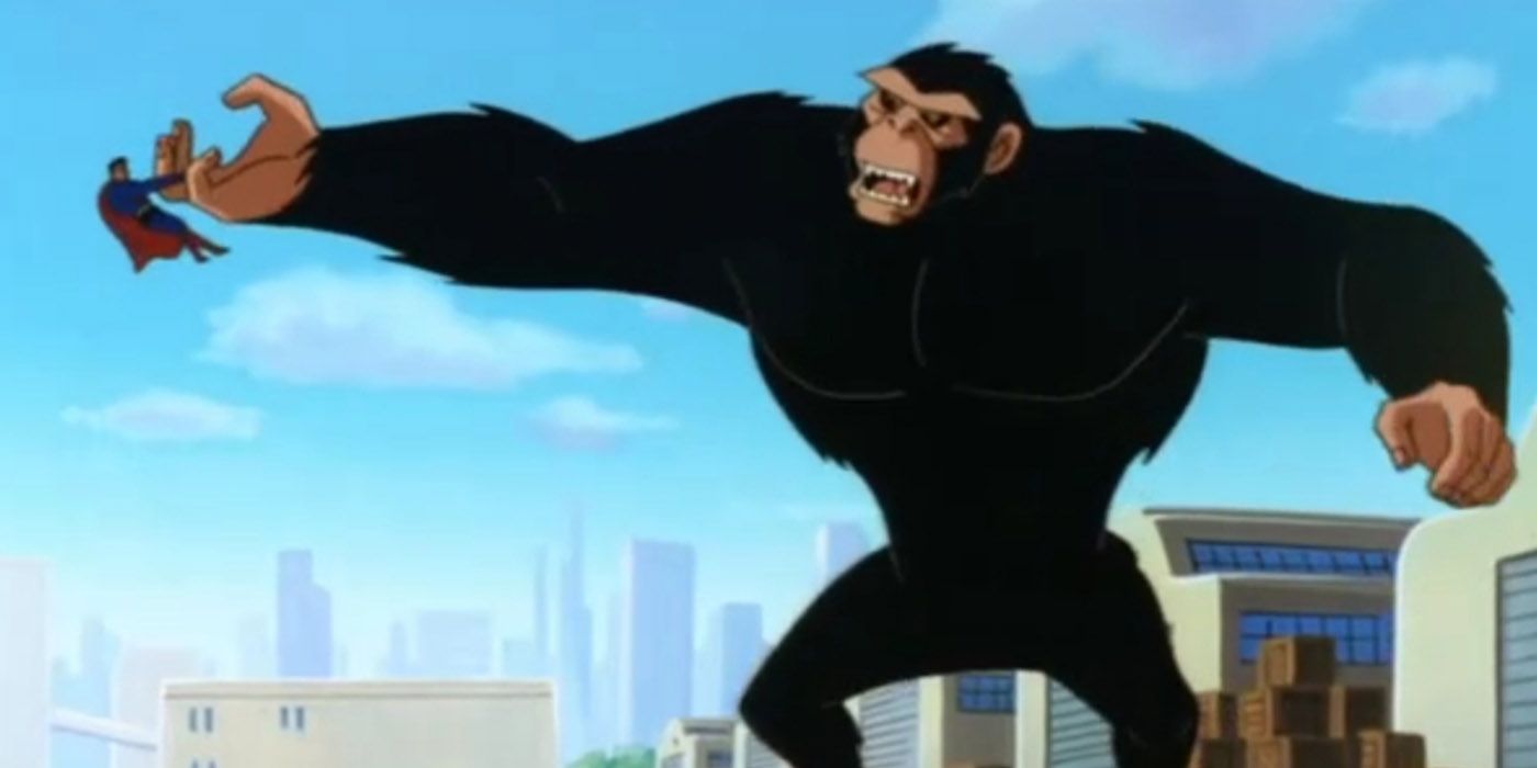 Superman fights a giant chimpanzee
